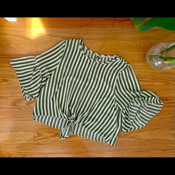 e squared Tops - Green & White Striped Short Sleeve Crop Top